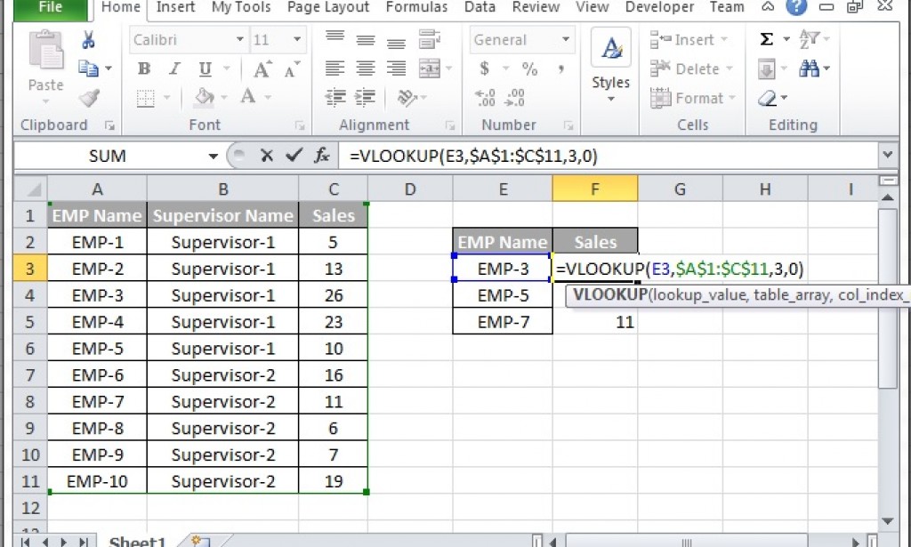 Microsoft Excel Formula of VLOOKUP
