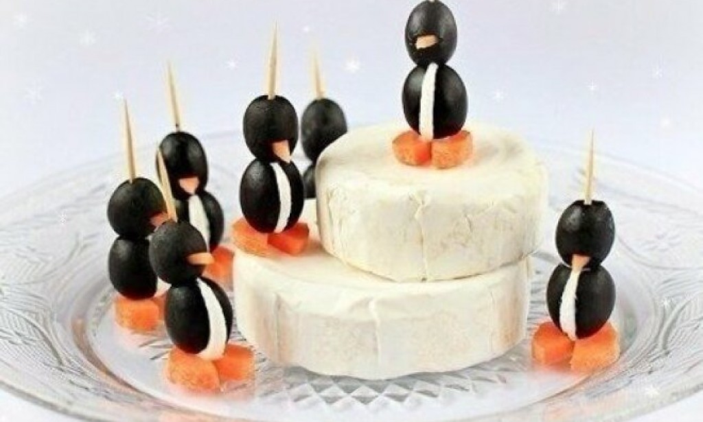 Penguin olive and cheese canapés