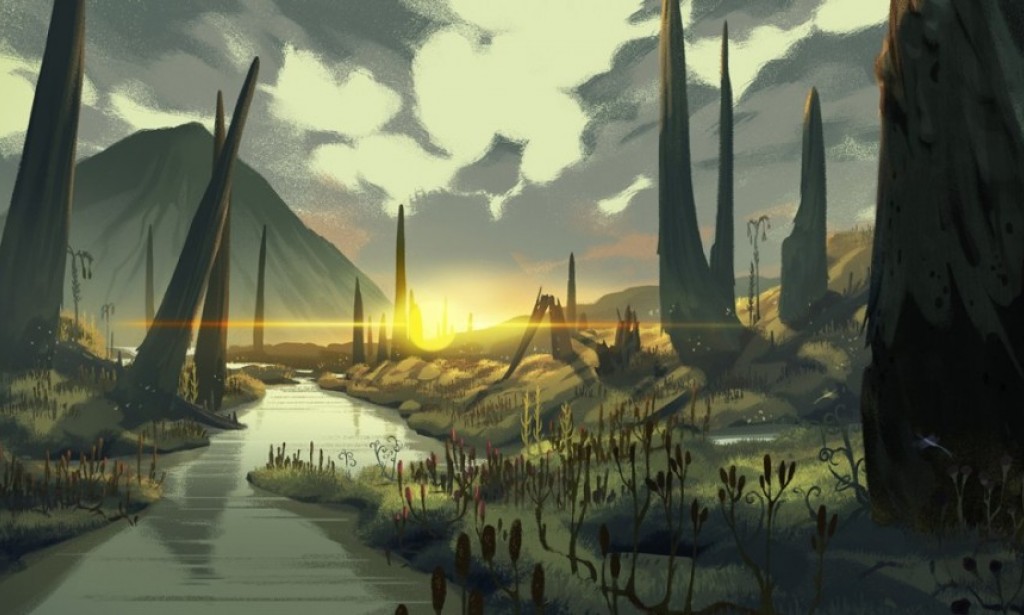 There were giant mushrooms on the ground that were taller than the trees